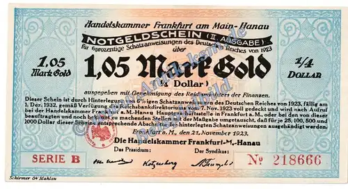 Frankfurt , Banknote 1,05 Gold Mark Schein in kfr. Müller 1725.9 Wertbeständig 1923 Hessen