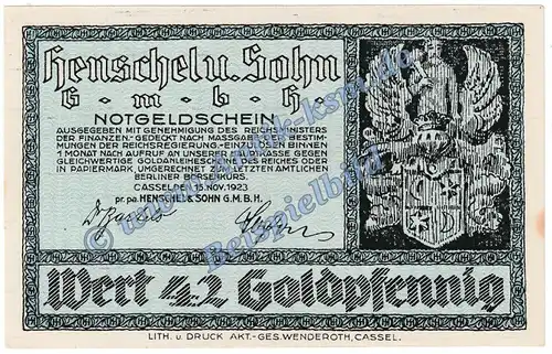 Cassel , Banknote 42 Gold Pfennig Schein in kfr. Müller 0710.1 Wertbeständig 1923 Hessen