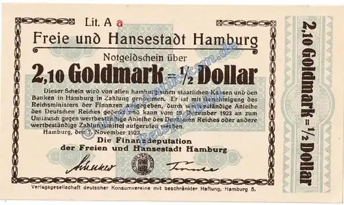 Hamburg , Banknote 2,10 Gold Mark Schein in kfr. Müller 2310.6.a Wertbeständig 1923 Hamburg