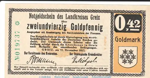 Notgeld Landkreis Greiz , 42 Goldpfennig Schein in kfr. Müller 2215.1 von 1923 , Thüringen Wertbeständiges Notgeld