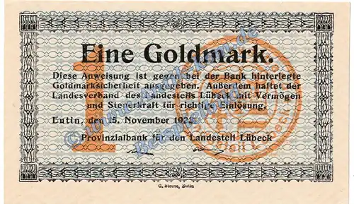 Eutin , Banknote 1 Gold Mark Schein in kfr. Müller 1640.3 Wertbeständig 1923 Schleswig Holstein