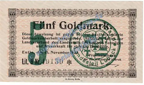 Eutin , Banknote 5 Gold Mark Schein in kfr. Müller 1640.4 Wertbeständig 1923 Schleswig Holstein