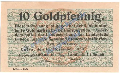 Eutin , Banknote 10 Gold Pfennig Schein in kfr. Müller 1640.1 Wertbeständig 1923 Schleswig Holstein