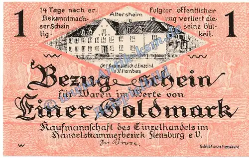 Flensburg , Banknote 1 Gold Mark Schein in kfr. Müller 1670.3 Wertbeständig o.D. Schleswig Holstein