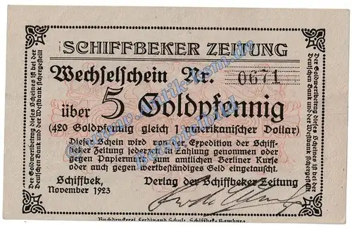 Schiffbeck , Banknote 5 Gold Pfennig Schein in F-kfr. Müller 4290.13 Wertbeständig 1923 Schleswig Holstein