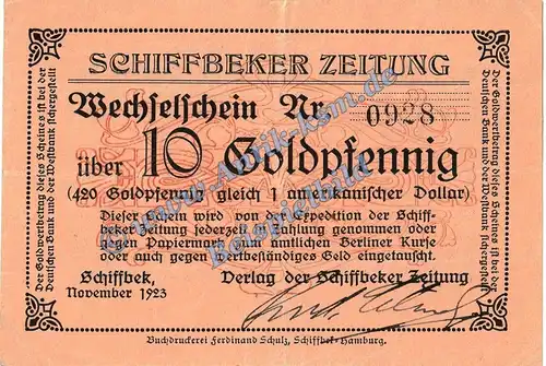 Schiffbeck , Banknote 10 Gold Pfennig Schein in gbr. Müller 4290.14 Wertbeständig 1923 Schleswig Holstein
