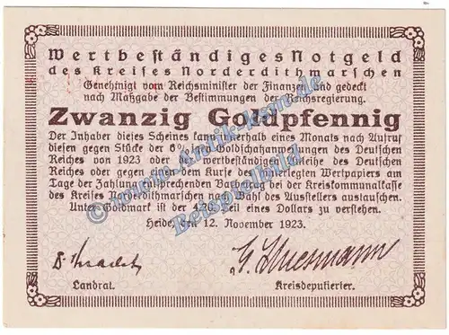 Heide , Banknote 20 Gold Pfennig Schein in kfr. Müller 2440.2.a Wertbeständig 1923 Schleswig Holstein