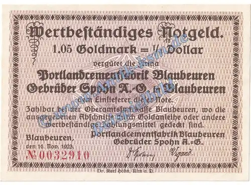 Blaubeuren , Banknote 1,05 Gold Mark Schein in kfr. Müller 0465.3 Wertbeständig 1923 Baden Württemberg