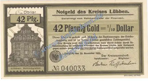 Lübben , Banknote 42 Gold Pfennig Schein in kfr. Müller 3100.1 Wertbeständig 1923 Brandenburg