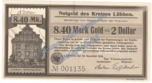 Lübben , Banknote 8,40 Mark Gold Schein in kfr. Müller 3100.4 Wertbeständig 1923 Brandenburg