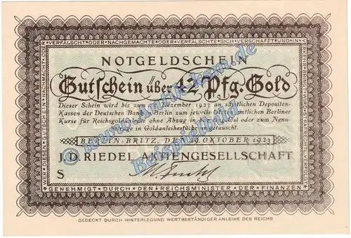 Berlin Britz , Banknote 42 Pfennig Gold Schein in kfr. Müller 0390.2 Wertbeständig 1923 Brandenburg
