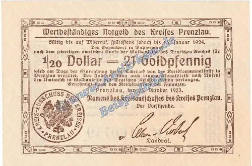 Prenzlau , Banknote 21 Pfennig Gold Schein in kfr. Müller 4030.1 Wertbeständig 1923 Brandenburg