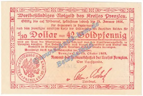 Prenzlau , Banknote 42 Pfennig Gold Schein in kfr. Müller 4030.2 Wertbeständig 1923 Brandenburg
