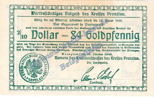 Prenzlau , Banknote 84 Pfennig Gold Schein in kfr. Müller 4030.4 Wertbeständig 1923 Brandenburg