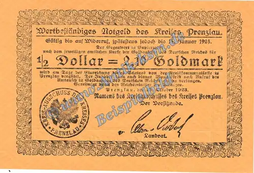 Prenzlau , Banknote 2,10 Mark Gold Schein in kfr. Müller 4030.5 Wertbeständig 1923 Brandenburg