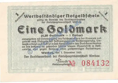 Werdau , Banknote 1 Gold Mark Schein in kfr. Müller 5065.2 Wertbeständig 1923 Sachsen