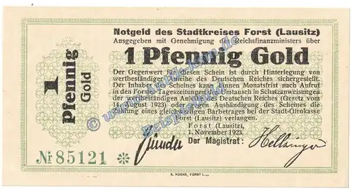 Forst , Banknote 1 Gold Pfennig Schein in kfr. Müller 1695.1 Wertbeständig 1923 Brandenburg