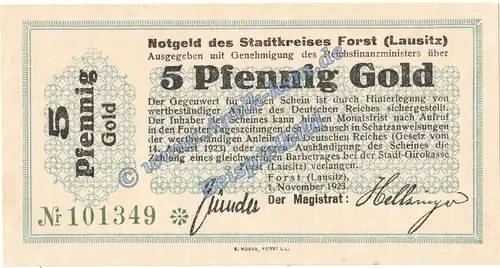 Forst , Banknote 5 Gold Pfennig Schein in kfr. Müller 1695.2 Wertbeständig 1923 Brandenburg