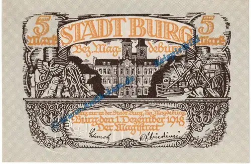 Burg , Notgeld 5 Mark Schein in kfr. Geiger 073.01 von 1918 , Sachsen Anhalt Grossnotgeld