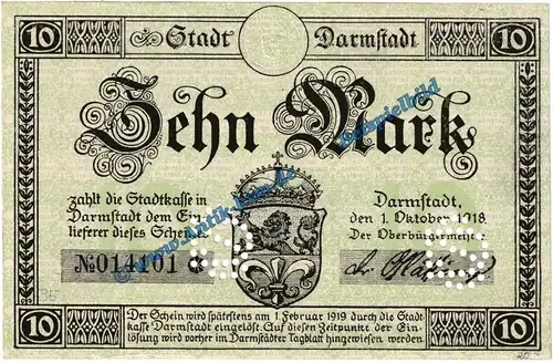 Darmstadt , Notgeld 10 Mark Schein -mit WZ- in kfr. Geiger 092.04 von 1918 , Hessen Grossnotgeld