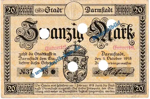 Darmstadt , Notgeld 20 Mark Schein -mit WZ- in gbr.E , Geiger 092.08.b von 1918 , Hessen Grossnotgeld