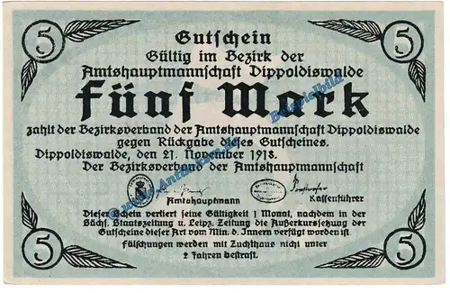 Dippoldiswalde , Banknote 5 Mark Schein in kfr. Geiger 103.01 von 1918 , Grossnotgeld Sachsen