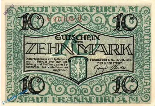 Notgeld Frankfurt a. M. 10 Mark Schein in kfr. E , Geiger 150.04 , 15.10.1918 , Hessen Großnotgeld