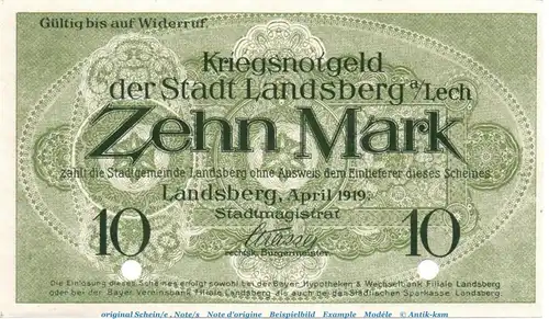 Banknote Stadt Landsberg , 10 Mark Schein in kfr.E Geiger 307.01 , von 1919 , Bayern Großnotgeld