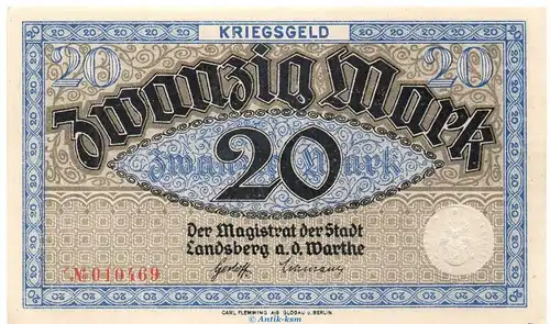 Banknote Stadt Landsberg Warthe , 20 Mark Schein in kfr. Geiger 308.03.a o.D. Brandenburg Großnotgeld