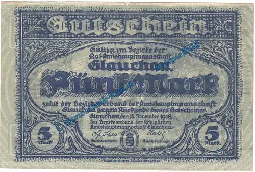 Glauchau , Notgeld 5 Mark Schein in kfr. Geiger 181.01 von 1918 , Sachsen Grossnotgeld