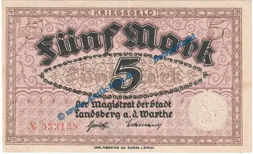 Landsberg a.d.W , Notgeld 5 Mark Schein in gbr.E Geiger 308.01 von 1918 , Brandenburg Grossnotgeld