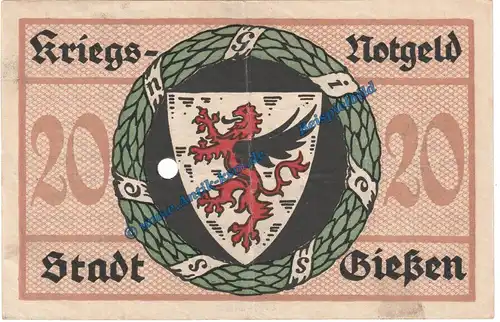 Gießen , Banknote 20 Mark Schein in gbr.E , Geiger 178.03 von 1918 Grossnotgeld Hessen