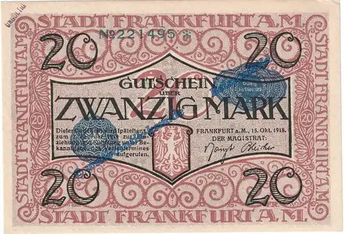 Frankfurt a.M. Banknote 20 Mark Schein in kfr.E , Geiger 150.07 von 1918 , Grossnotgeld Hessen