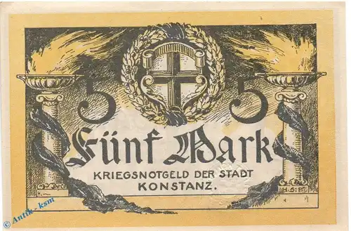 Notgeld Konstanz ,  5 Mark Schein in kfr. E , Geiger 292.01 , Nov. 1918 , Baden Großnotgeld