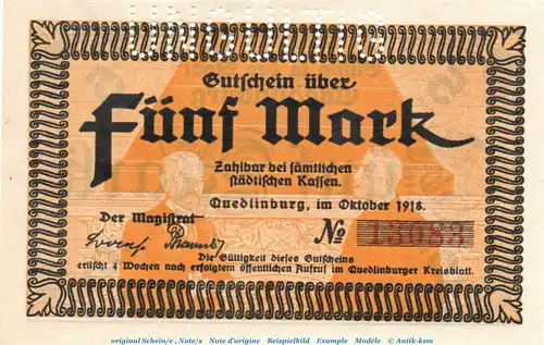 Banknote Stadt Quedlinburg , 5 Mark Schein in kfr.E Geiger 430.01 , von 1918 , Sachsen Anhalt Großnotgeld