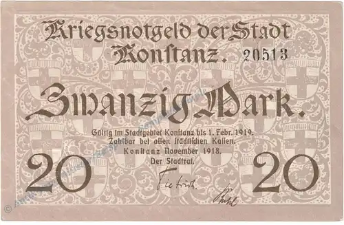 Konstanz , 20 Mark Notgeld Schein in kfr. Geiger 292.03 von 1918 , Baden Grossnotgeld