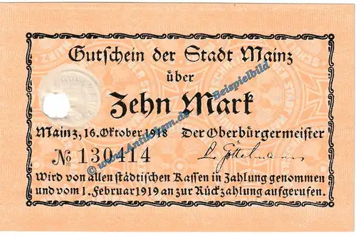 Mainz , Notgeld 10 Mark Schein in kfr.E , Geiger 341.03-04 , Grossnotgeld 1918 Hessen