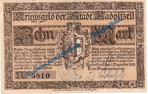 Radolfzell , Notgeld 10 Mark Schein in gbr. Geiger 432.01 von 1918 , Baden Grossnotgeld