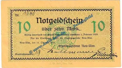 Neu Ulm , Notgeld 10 Mark Schein in gbr.E , Geiger 383.02 von 1918 , Bayern Grossnotgeld