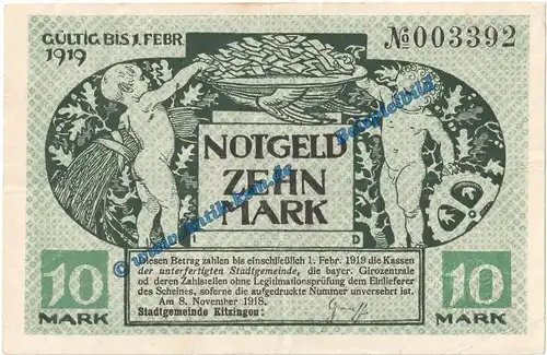 Kitzingen , Notgeld 10 Mark Schein in gbr. Geiger 273.02 von 1918 , Bayern Grossnotgeld