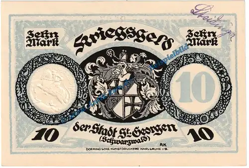 St. Georgen , Banknote 10 Mark Schein in kfr. Geiger 469.03 von 1918 , Baden Grossnotgeld