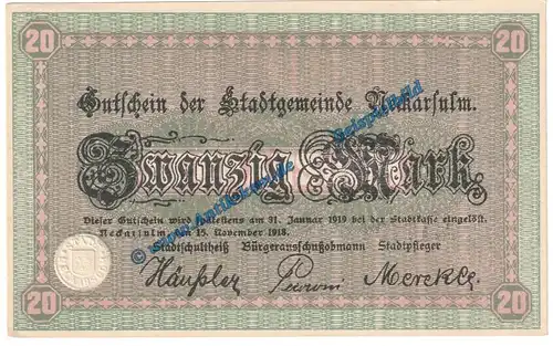 Neckarsulm , Banknote 20 Mark Schein in kfr. Geiger 368.02 von 1918 , Grossnotgeld Württemberg