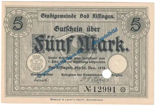 Kissingen , Banknote 5 Mark Schein in kfr.E , Geiger 272.01 von 1918 , Grossnotgeld Bayern