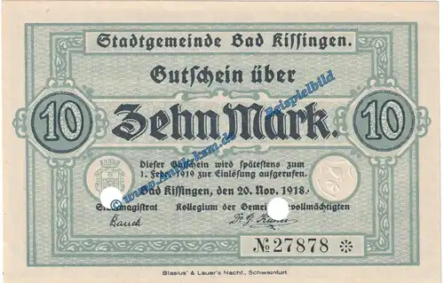 Kissingen , Banknote 10 Mark Schein in kfr.E , Geiger 272.02 von 1918 , Grossnotgeld Bayern