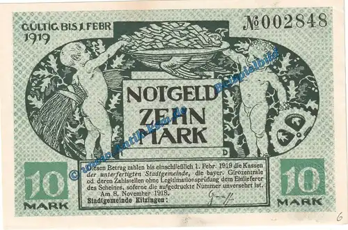 Kitzingen , Banknote 10 Mark Schein in kfr. Geiger 273.02 von 1918 , Grossnotgeld Bayern