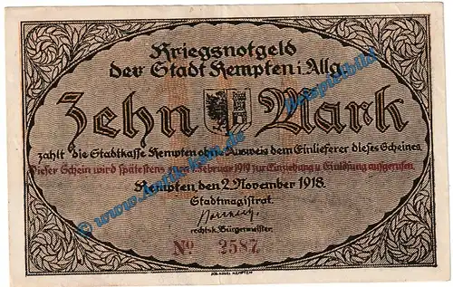 Kempten , Banknote 10 Mark Schein in gbr. Geiger 269.02 , Grossnotgeld 1918 Bayern