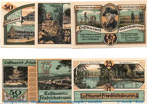 Notgeld Friedrichsbrunn , Set mit 6 Scheinen in kfr. Mehl Grabowski 394.1 , von 1921 , Sachsen Anhalt Seriennotgeld