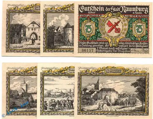 Notgeld Naumburg a. S. , Set mit 6 Scheinen in kfr. Mehl Grabowski 928.7 , von 1921 , Sachsen Anhalt Seriennotgeld