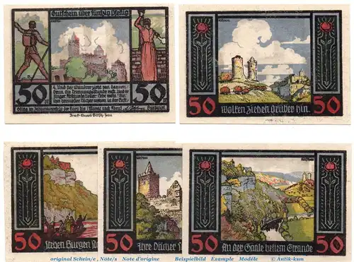 Notgeld Burgwirt Rudelsburg 1143.1 , Set mit 5 Scheinen in kfr. o.D. Sachsen Anhalt Seriennotgeld