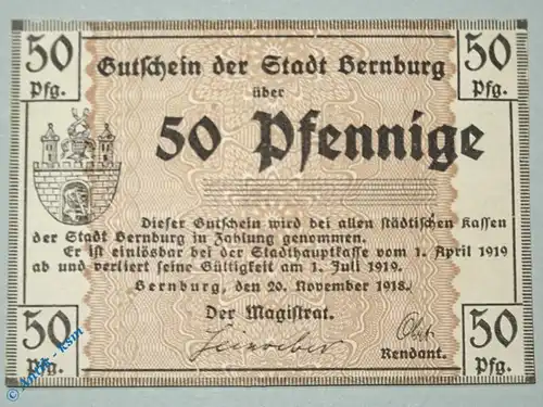 Bernburg , Notgeld 50 Pfennig MUSTER-Schein in kfr. Tieste 0520.15.02.M , Anhalt 1918 Verkehrsausgabe